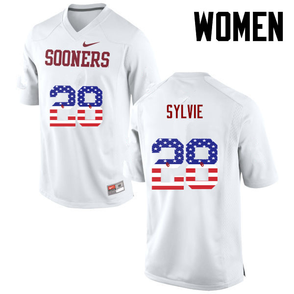 Women Oklahoma Sooners #28 Chanse Sylvie College Football USA Flag Fashion Jerseys-White - Click Image to Close